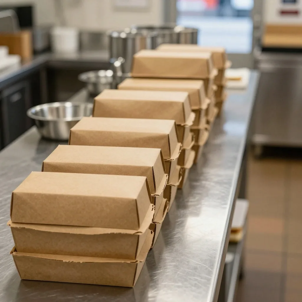 Row of labeled corporate lunch boxes ready for transport