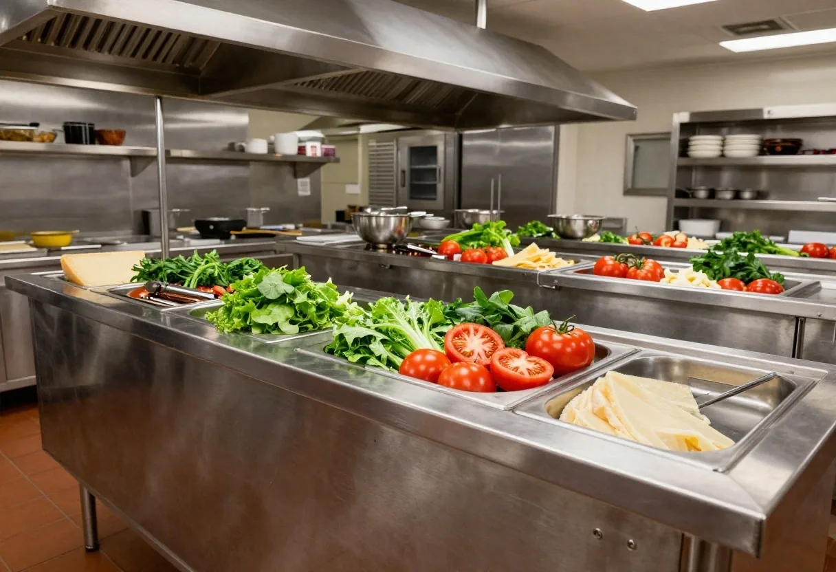 Firehouse Subs culinary prep station with smoked meats and stainless steam equipment
