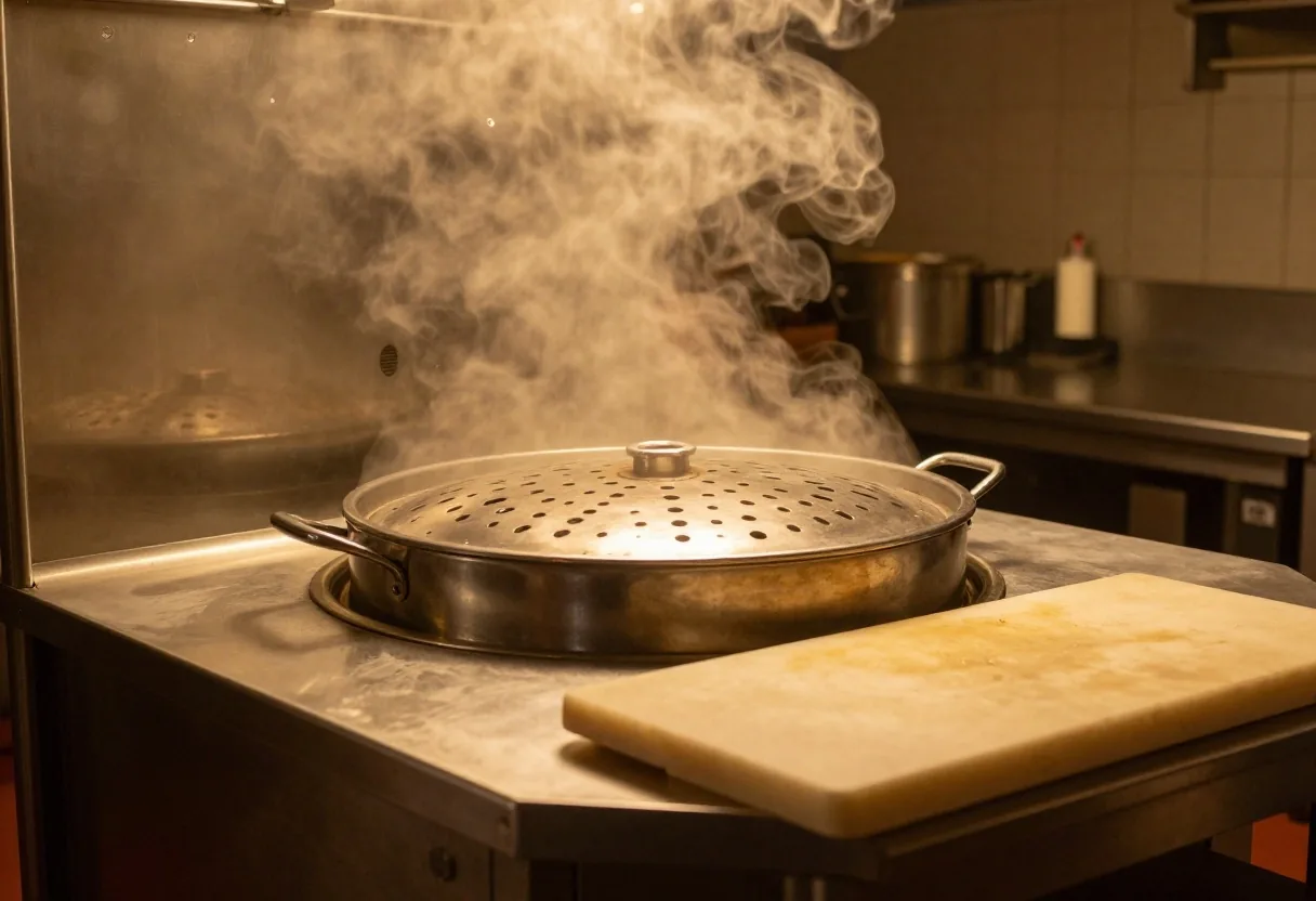 Commercial steam unit releasing hot culinary vapor over carved sandwich meats